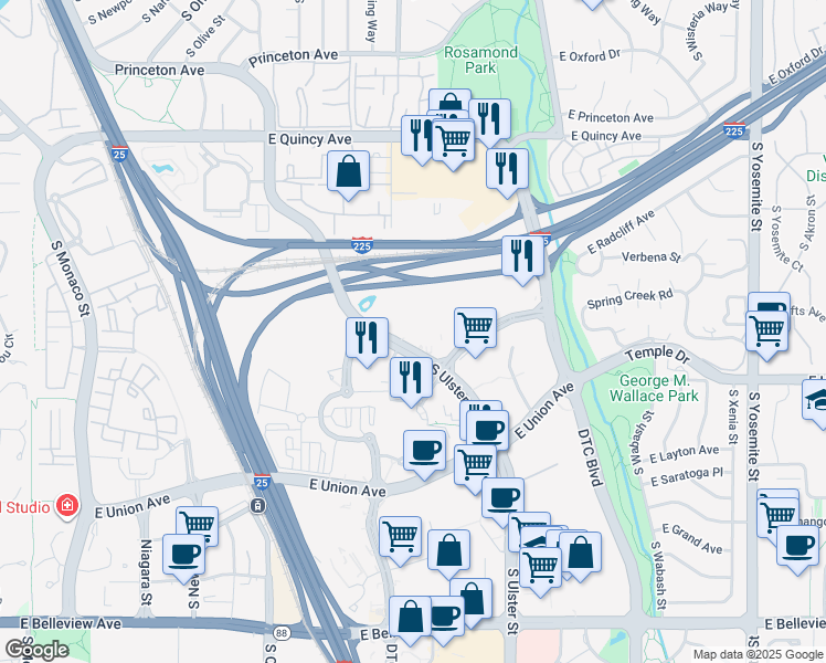 map of restaurants, bars, coffee shops, grocery stores, and more near 4582 South Ulster Street in Denver