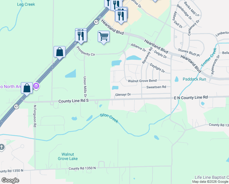 map of restaurants, bars, coffee shops, grocery stores, and more near 10590 Glenayr Drive in Hendricks County