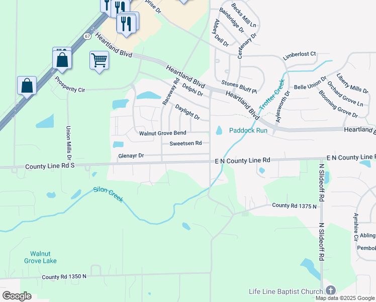 map of restaurants, bars, coffee shops, grocery stores, and more near 10902 Glenayr Drive in Hendricks County