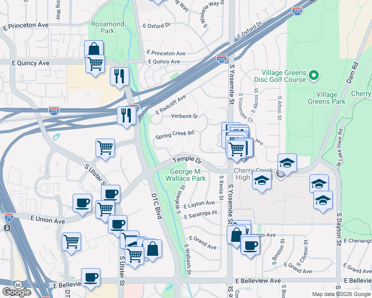 map of restaurants, bars, coffee shops, grocery stores, and more near 8505 East Temple Drive in Denver
