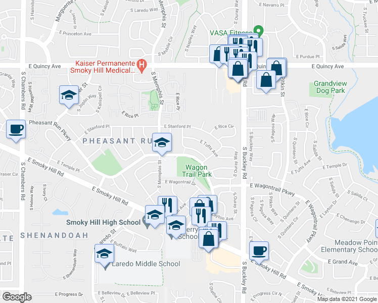 map of restaurants, bars, coffee shops, grocery stores, and more near 4633 South Norfolk Way in Aurora