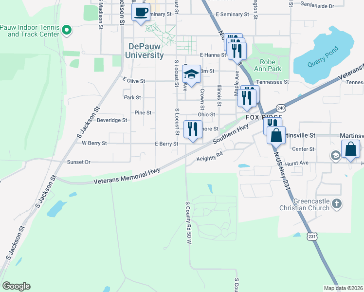map of restaurants, bars, coffee shops, grocery stores, and more near 1108 South Locust Street in Greencastle