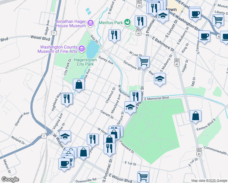 map of restaurants, bars, coffee shops, grocery stores, and more near 508 Chestnut Street in Hagerstown