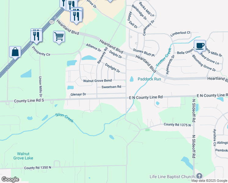 map of restaurants, bars, coffee shops, grocery stores, and more near 10910 Glenayr Drive in Hendricks County