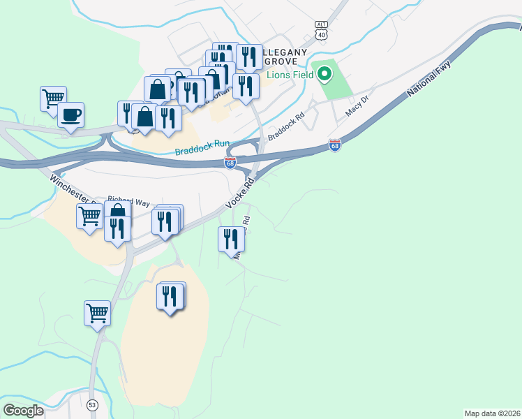 map of restaurants, bars, coffee shops, grocery stores, and more near 19 Martz Lane in La Vale