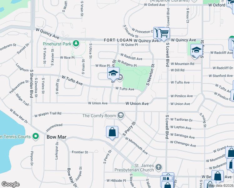 map of restaurants, bars, coffee shops, grocery stores, and more near 4621 South Perry Way in Denver