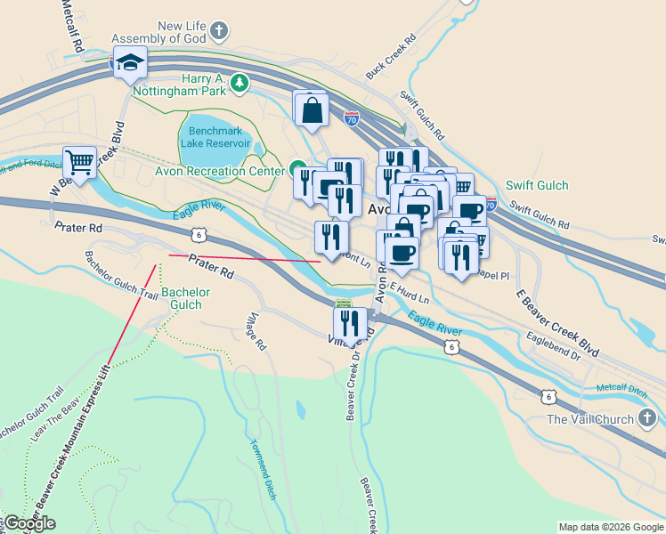 map of restaurants, bars, coffee shops, grocery stores, and more near 126 Riverfront Lane in Avon