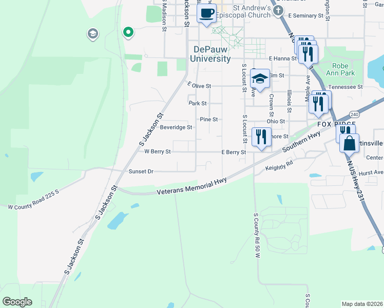 map of restaurants, bars, coffee shops, grocery stores, and more near 1102 South Indiana Street in Greencastle
