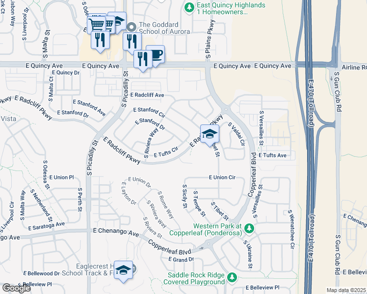 map of restaurants, bars, coffee shops, grocery stores, and more near 22190 East Tufts Circle in Aurora