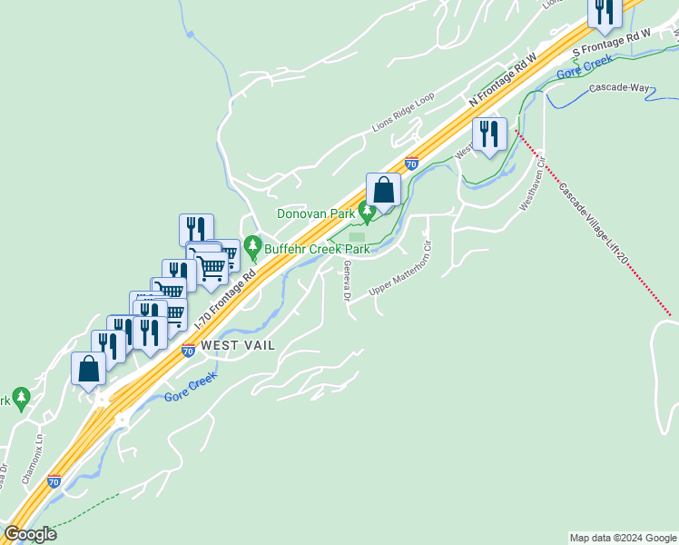 map of restaurants, bars, coffee shops, grocery stores, and more near 1705 Geneva Dr in Vail