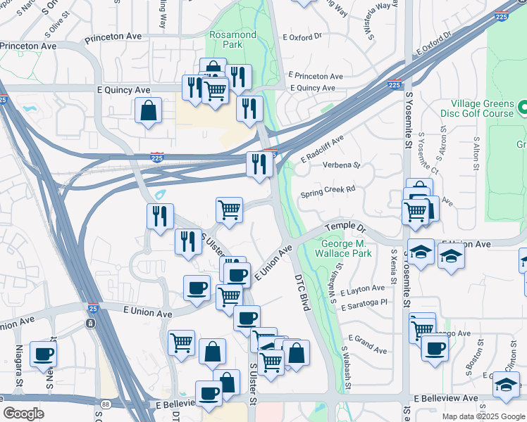 map of restaurants, bars, coffee shops, grocery stores, and more near 4601 Dtc Boulevard in Denver