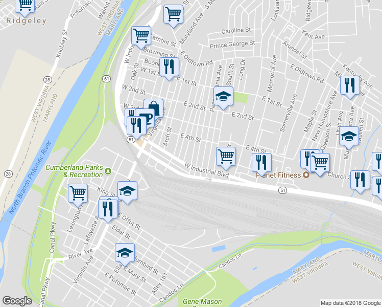 map of restaurants, bars, coffee shops, grocery stores, and more near 433 Seymour Street in Cumberland