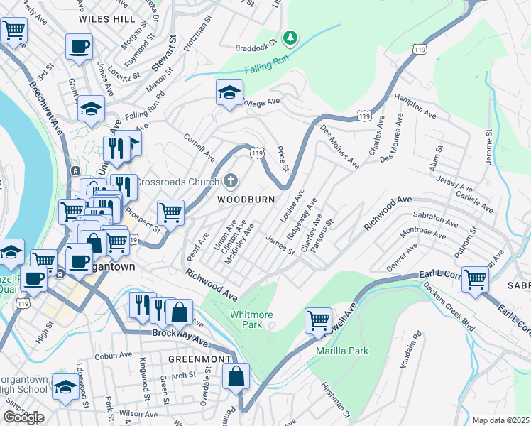 map of restaurants, bars, coffee shops, grocery stores, and more near 846 Monongalia Avenue in Morgantown