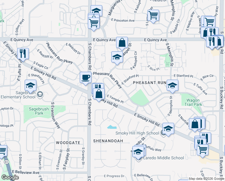 map of restaurants, bars, coffee shops, grocery stores, and more near 4639 South Idalia Street in Aurora