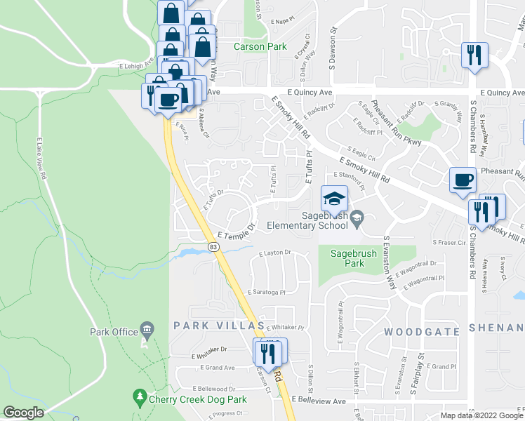 map of restaurants, bars, coffee shops, grocery stores, and more near 14190 East Temple Drive in Aurora