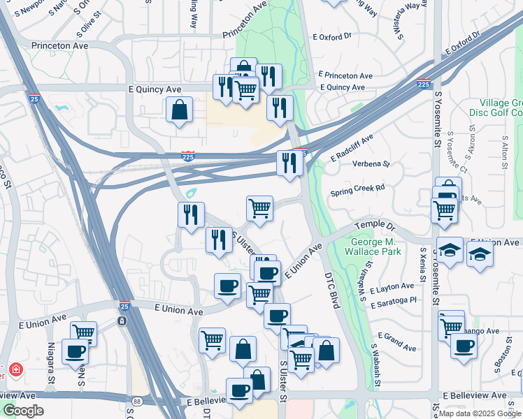 map of restaurants, bars, coffee shops, grocery stores, and more near 8055 East Tufts Avenue in Denver