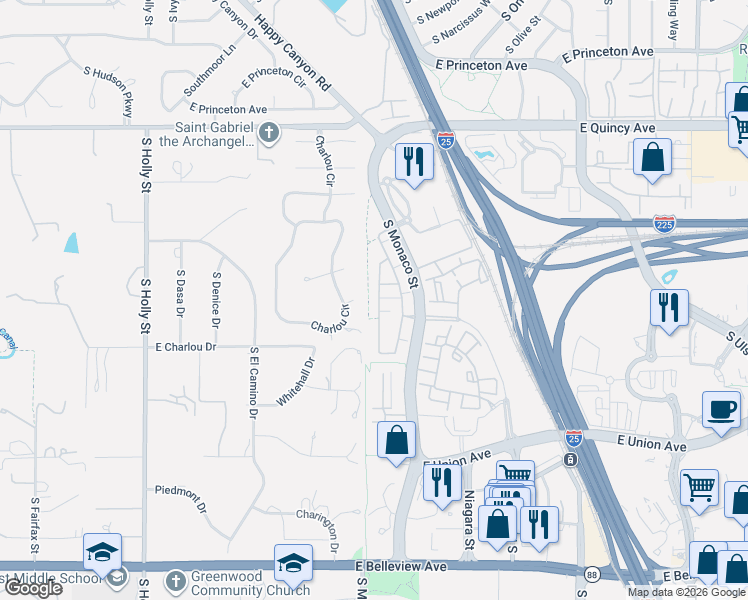 map of restaurants, bars, coffee shops, grocery stores, and more near 4545 South Monaco Street in Denver