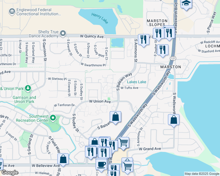 map of restaurants, bars, coffee shops, grocery stores, and more near 4601 South Balsam Way in Denver