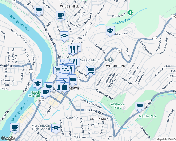 map of restaurants, bars, coffee shops, grocery stores, and more near 274 Wiles Street in Morgantown