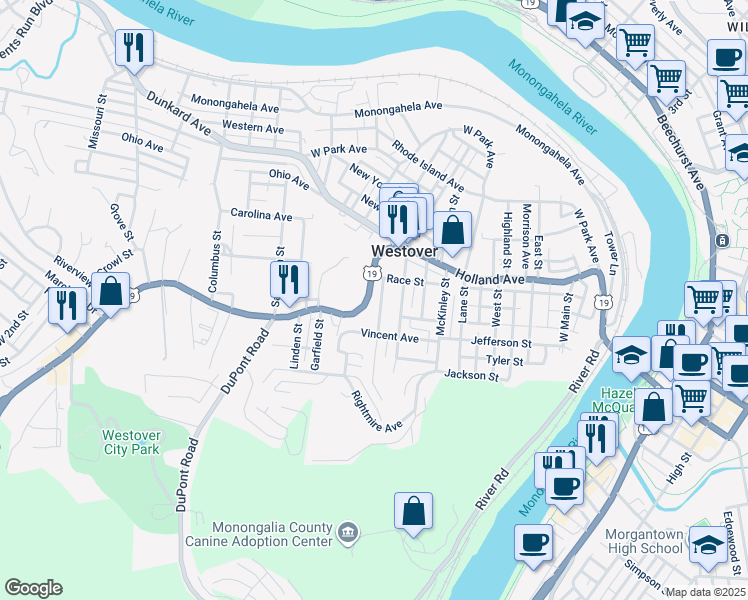 map of restaurants, bars, coffee shops, grocery stores, and more near 34b Harrison Street in Westover