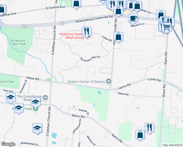 map of restaurants, bars, coffee shops, grocery stores, and more near 450 Oak Ridge Boulevard in Miamisburg