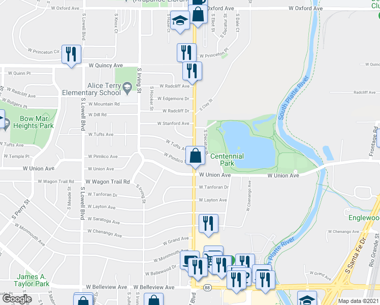 map of restaurants, bars, coffee shops, grocery stores, and more near 3004 West Tufts Avenue in Englewood
