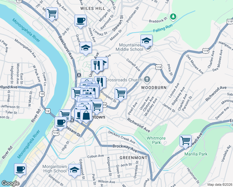 map of restaurants, bars, coffee shops, grocery stores, and more near 274 Wiles Street in Morgantown