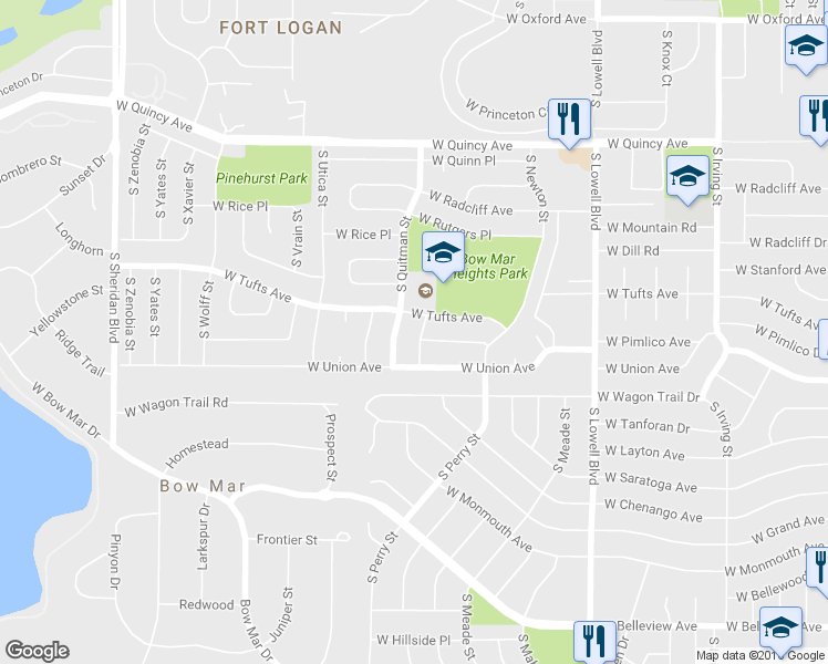 map of restaurants, bars, coffee shops, grocery stores, and more near 4621 South Perry Way in Denver