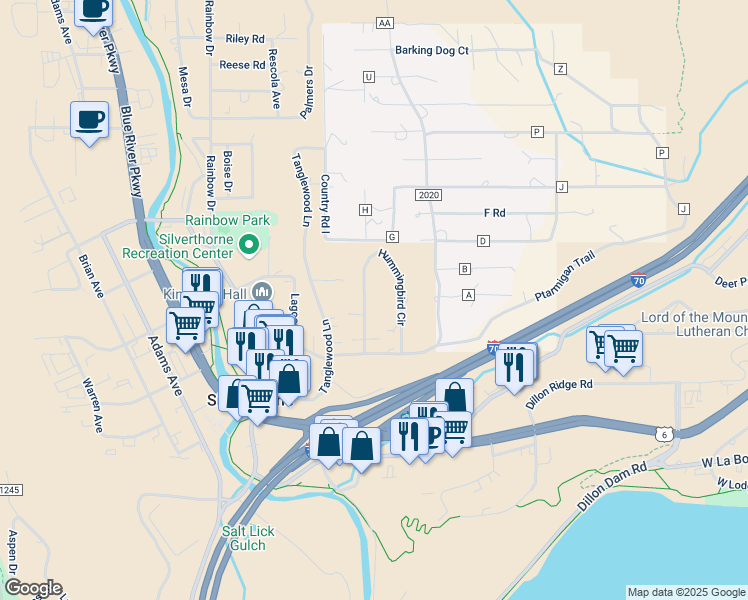 map of restaurants, bars, coffee shops, grocery stores, and more near 321 Hummingbird Circle in Silverthorne