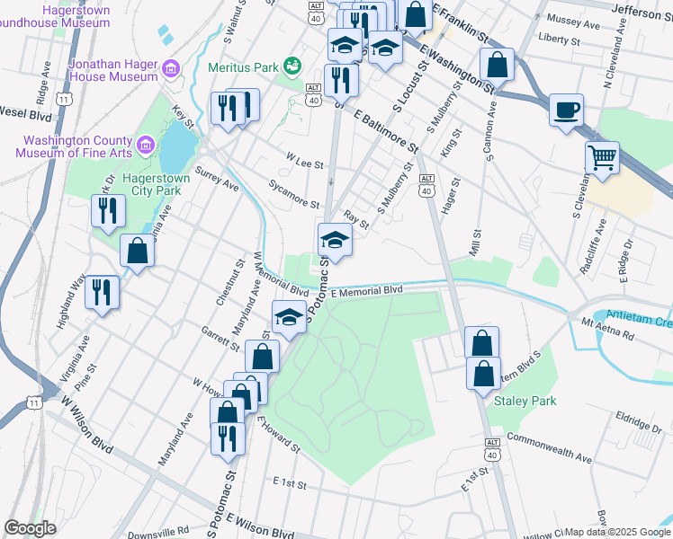 map of restaurants, bars, coffee shops, grocery stores, and more near 30 East Memorial Boulevard in Hagerstown