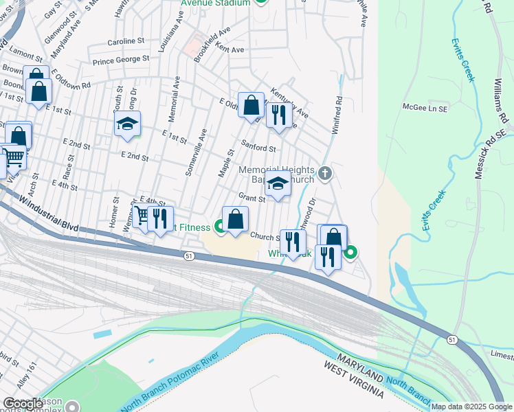 map of restaurants, bars, coffee shops, grocery stores, and more near 209 Utah Avenue in Cumberland