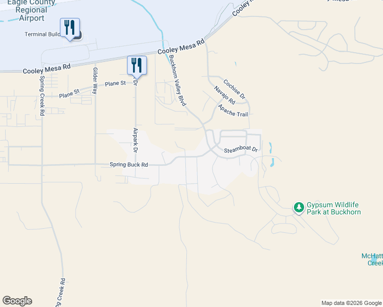 map of restaurants, bars, coffee shops, grocery stores, and more near 98 Spring Buck Rd in Gypsum