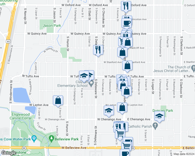 map of restaurants, bars, coffee shops, grocery stores, and more near 4606 South Delaware Street in Englewood