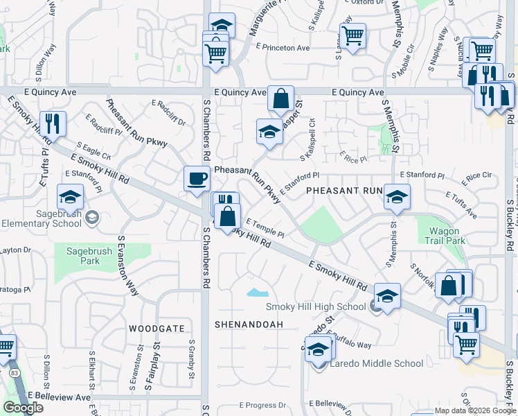 map of restaurants, bars, coffee shops, grocery stores, and more near 4639 South Idalia Street in Aurora