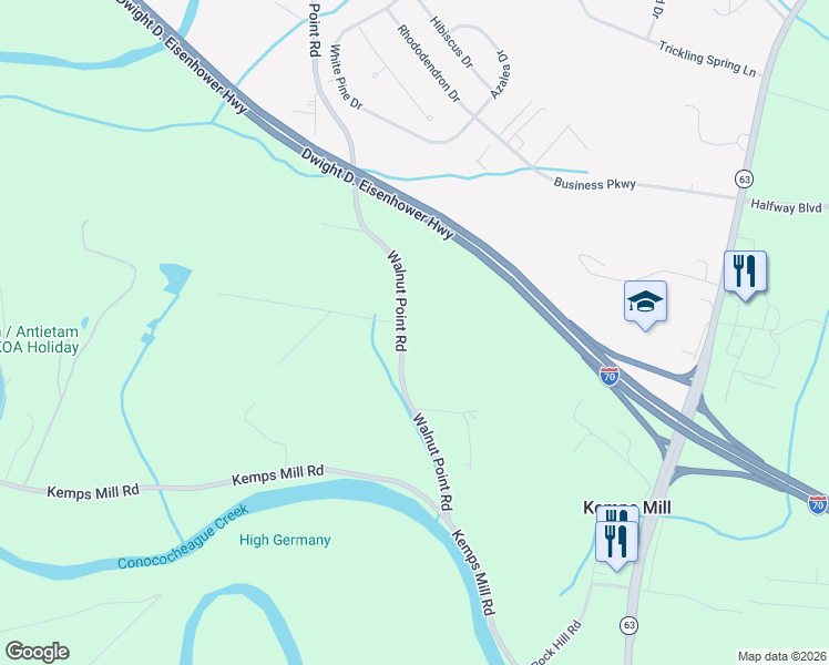 map of restaurants, bars, coffee shops, grocery stores, and more near 11631 Walnut Point Road in Hagerstown