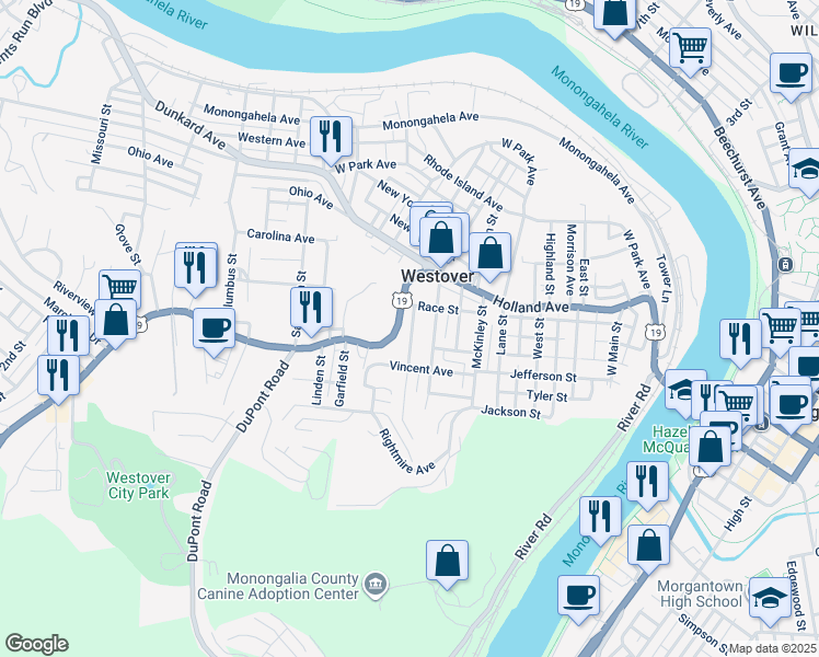 map of restaurants, bars, coffee shops, grocery stores, and more near 34b Harrison Street in Westover