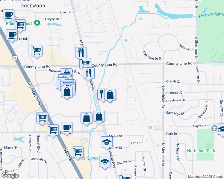 map of restaurants, bars, coffee shops, grocery stores, and more near 1150 Southbridge Circle in Greenwood