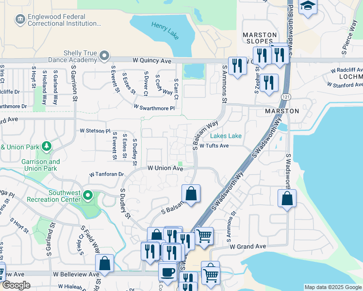 map of restaurants, bars, coffee shops, grocery stores, and more near 4601 South Balsam Way in Denver