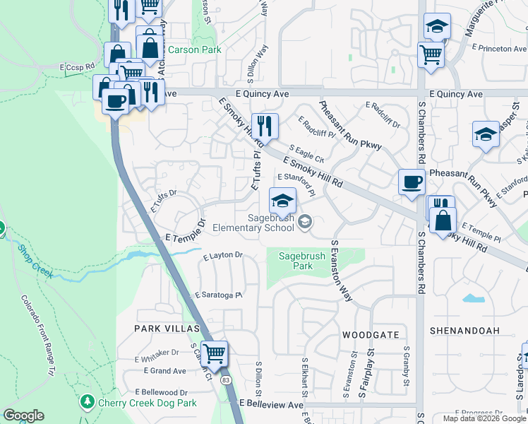 map of restaurants, bars, coffee shops, grocery stores, and more near 4656 South Dillon Court in Aurora