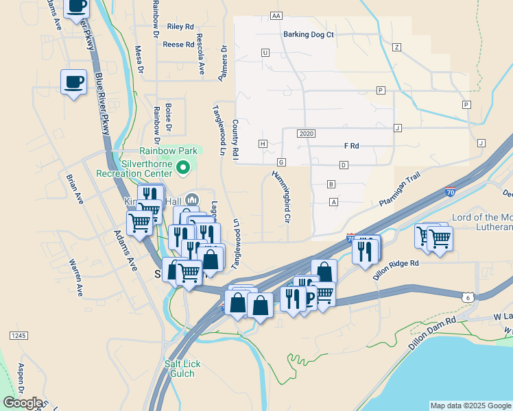 map of restaurants, bars, coffee shops, grocery stores, and more near 321 Hummingbird Circle in Silverthorne