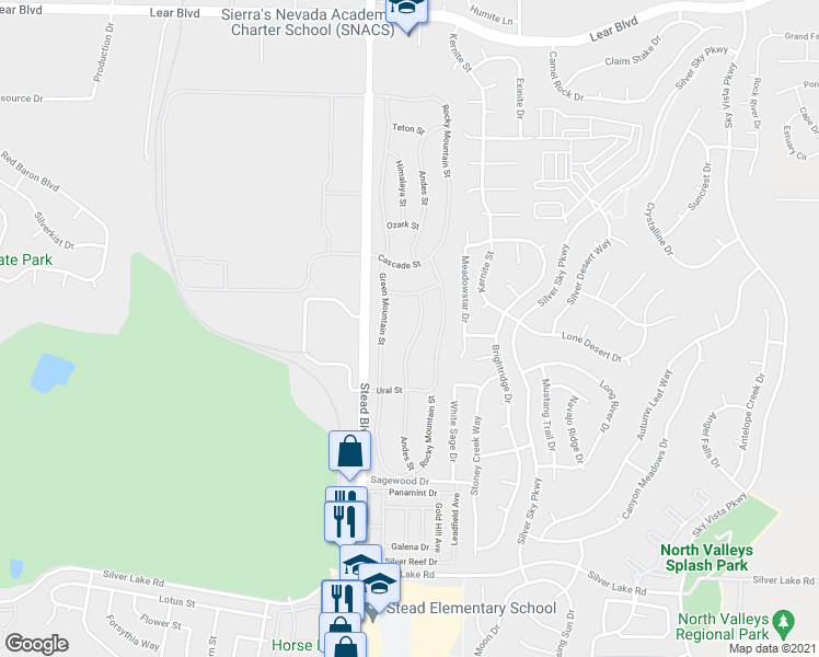 map of restaurants, bars, coffee shops, grocery stores, and more near 11563 Andes Street in Reno