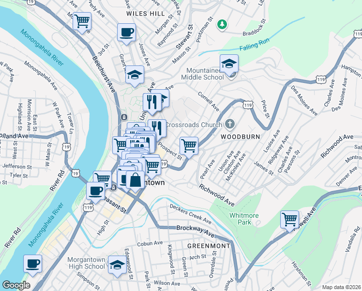 map of restaurants, bars, coffee shops, grocery stores, and more near 274 Wiles Street in Morgantown