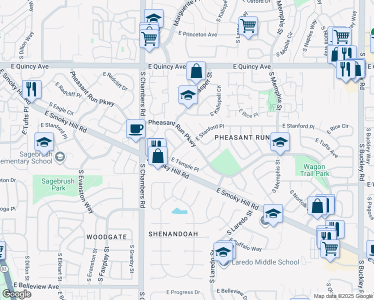 map of restaurants, bars, coffee shops, grocery stores, and more near 4639 S Idalia St in Aurora