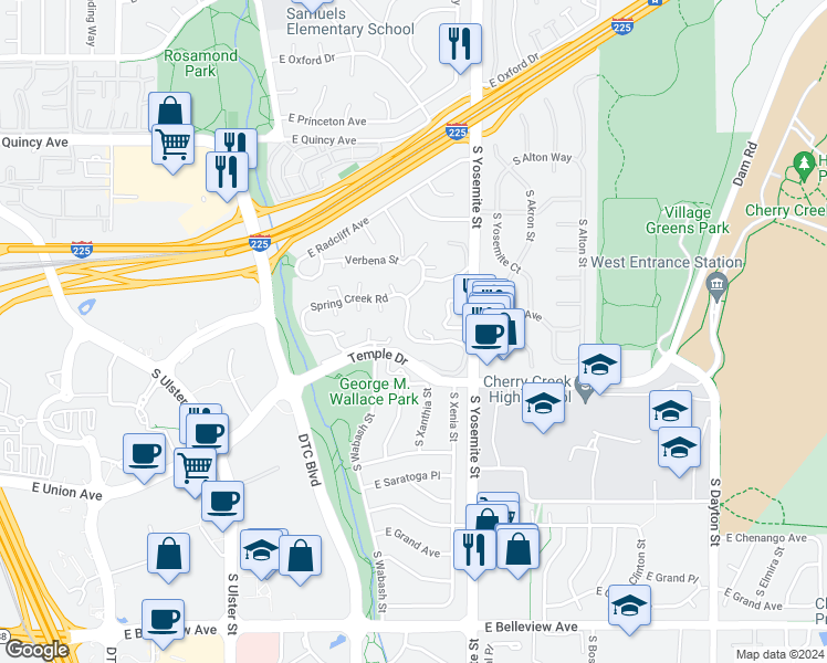 map of restaurants, bars, coffee shops, grocery stores, and more near 204 Spring Creek Road in Denver