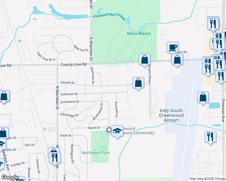 map of restaurants, bars, coffee shops, grocery stores, and more near 272 Suncrest Drive in Greenwood