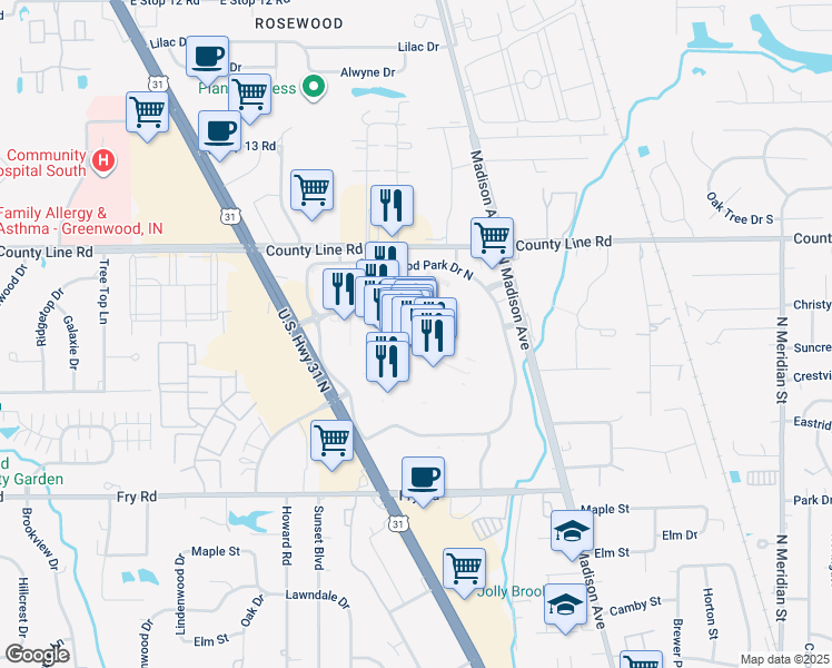map of restaurants, bars, coffee shops, grocery stores, and more near 1251 U.S. Highway 31 North in Greenwood