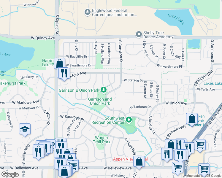 map of restaurants, bars, coffee shops, grocery stores, and more near 4625 South Garland Way in Littleton