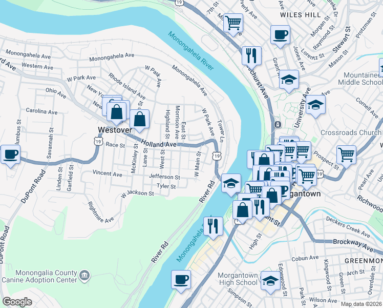 map of restaurants, bars, coffee shops, grocery stores, and more near 9 Buckhannon Street in Westover