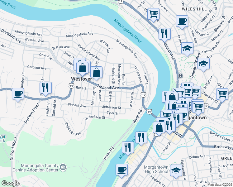 map of restaurants, bars, coffee shops, grocery stores, and more near 22 Orchard Street in Westover
