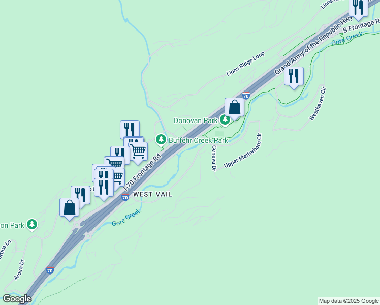 map of restaurants, bars, coffee shops, grocery stores, and more near 1753 Shasta Place in Vail